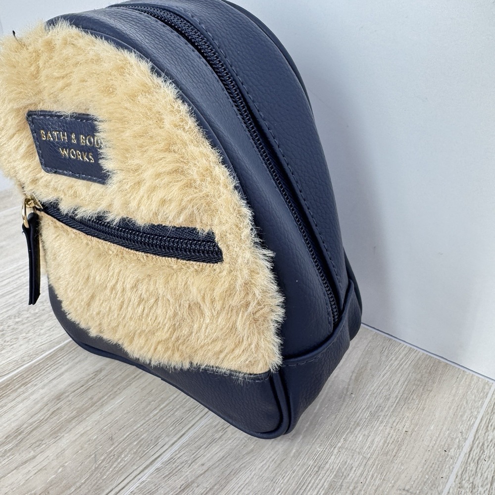 Bath And Body Works Mini Backpack Cosmetic Bag Navy Blue Tan Fur - Picture 6 of 8